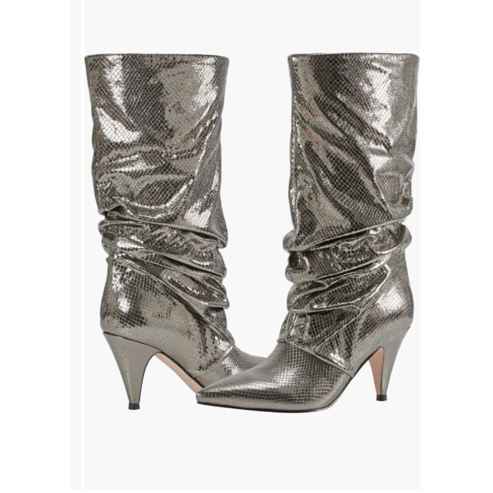 NIB Marc Fisher LTD Paityn Slouch Boots Womens 7 Metallic Silver Pointed Toe